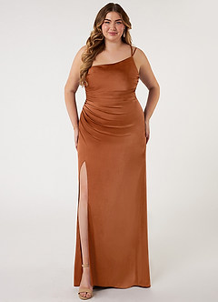 Azazie Eren Vestidos de damas de honor Vestido de Cobre de Satén Elástico de Corte Sirena con Hombro unilateral image6