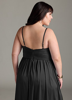 Azazie Alia Vestidos de damas de honor Vestido de Negro de Satén Elástico de Corte en A con Plisado image15