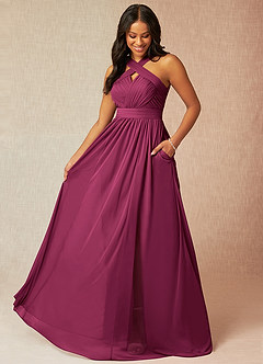 Azazie Hillian Bridesmaid Dresses Mulberry A-Line Halter Pleated Mesh Dress image1