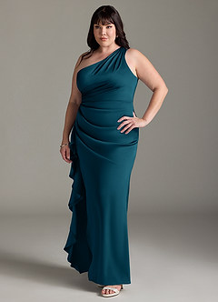Azazie Latrice Bridesmaid Dresses Ink Blue Sheath One Shoulder Cascading Ruffles Stretch Satin Dress image8