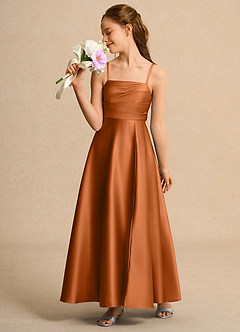 Azazie Pebbles Girls Formal Flower Girl Dresses Copper A-Line Pleated Matte Satin Dress image4