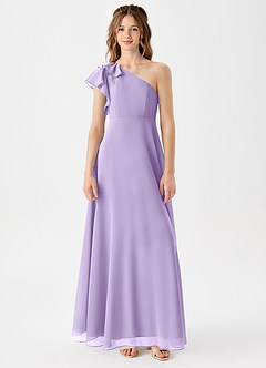 Azazie Arabella Junior A라인 셔링 쉬폰 플로어 길이 주니어 신부 들러리 드레스 image3