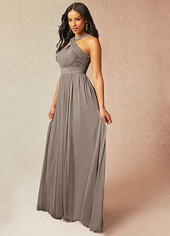 Azazie Hillian Bridesmaid Dresses Taupe A-Line Halter Pleated Mesh Dress image3