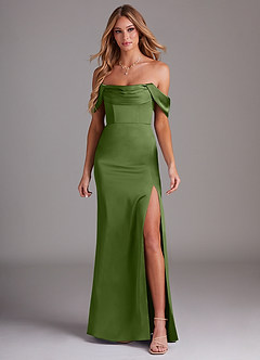 Azazie Saige Jurken voor bruidsmeisjes Jurk van Stretch Satijn met Kolom Off the Shoulder Jeneverbes image3