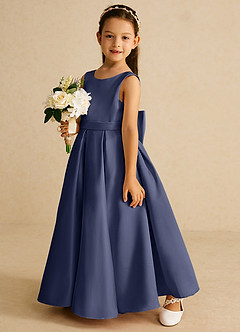Azazie Pipsy Robe Demoiselle D'honneur Fillette Robe Trapèze en Mat Satiné Arc Bleu Orageux image2