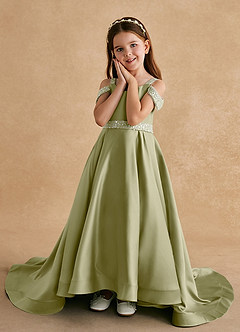 Azazie Jodi Robe Demoiselle D'honneur Fillette Robe Trapèze en Mat Satiné Vert Mousse image5