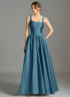 Azazie Verina 신부 들러리 드레스 A라인 주름진 스트레치 새틴 바닥 길이 드레스 image1