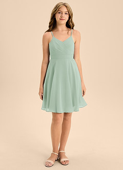 Azazie Avelina Junior Agave A-Line Pleated Chiffon Dress image4