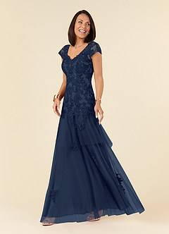 Azazie Romy vestidos de madre de la novia Vestido de Azul Marino Oscuro de Tul de Sirena con Cuello en V Lentejuelas image2