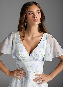 Azazie Kimber Bridesmaid Dresses Blue Vintage Floral A-Line Flounce Sleeve Chiffon Dress image2