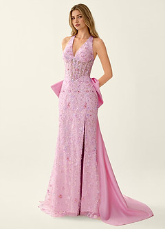 Zahra Pink Sparkly V-neck Mermaid Lace Up Back Prom Dress image5