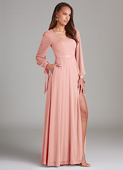 Azazie Leonia Bridesmaid Dresses Rosette A-Line Long Sleeve Mesh Dress image3