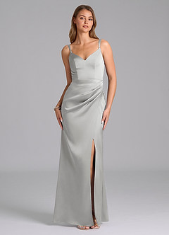 Azazie Leo Final Sale Silver Sheath Pleated Stretch Satin Dress image1