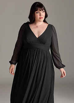 Azazie Norah Bridesmaid Dresses Black A-Line V-Neck Long Sleeve Chiffon Dress image12