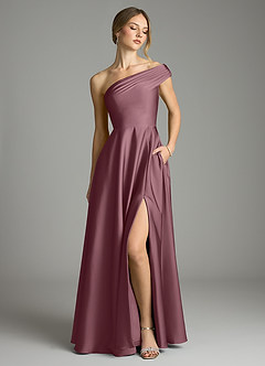 Azazie Melanie At-home Try On Dresses Amethyst A-Line Off the Shoulder Stretch Satin Dress image1