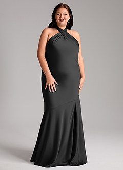 Azazie Lorena Robes de demoiselle d'honneur Robe Sirène en Satin extensible Plissée Noir image3