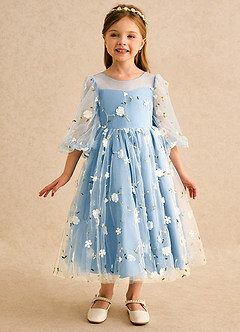 Azazie Elowen vestidos de niña de las flores Vestido Azul Acero de Encaje de Línea A con Escote corazón image3