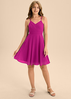 Azazie Avelina Junior Jurk van Chiffon met A-Lijn Geplooid Fuchsia image1