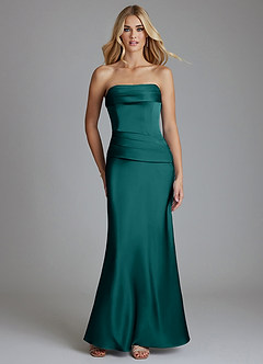 Azazie Lenya Bridesmaid Dresses Peacock Sheath Pleated Stretch Satin Dress image1