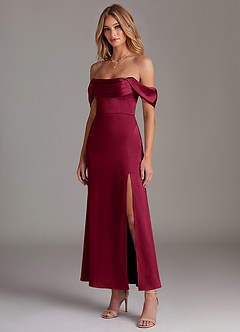 Azazie Saige Bridesmaid Dresses Burgundy Mermaid Off the Shoulder Stretch Satin Dress image4