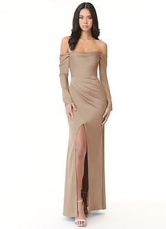 Azazie Hallie Vestidos de damas de honor Vestido de Gris Pardo de Satén Elástico de Corte Recto Convertible con Manga larga con hombros descubiertos image4