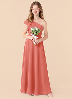 Azazie Arabella Junior Salmon Pink A-Line Ruched Chiffon Dress image5