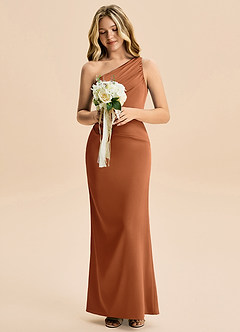 Azazie Akilah Junior Copper Sheath Pleated Stretch Satin Dress image4