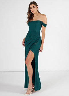 Azazie Kit Bridesmaid Dresses Peacock Mermaid Off the Shoulder Mesh Dress image3