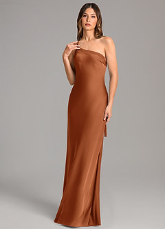 Azazie Monroe Bridesmaid Dresses Copper Mermaid One Shoulder Stretch Satin Dress image1
