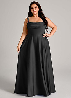 Azazie Shaude Bridesmaid Dresses Black A-Line Pleated Stretch Satin Dress image12