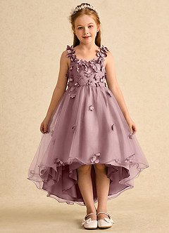 Azazie Tweety Robe Demoiselle D'honneur Fillette Robe Trapèze en Tulle Dentelle Rose Poussiéreuse image3