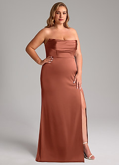 Azazie Saige Bridesmaid Dresses Clay Sheath Off the Shoulder Stretch Satin Dress image16