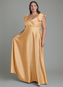 Azazie Leilani Bridesmaid Dresses Gold A-Line Ruched Stretch Satin Dress image10