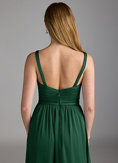 Azazie Chanel Final Sale Dark Green A-Line Pleated Stretch Satin Dress image4