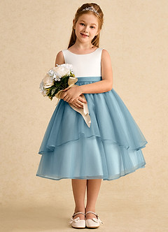Azazie Rene Flower Girl Dresses Ivory Moody Blue A-Line Bow Tulle Dress image3