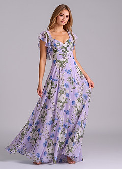 Azazie Leilani Robes de demoiselle d'honneur Robe Trapèze en Mousseline de soie Plissée Lilas Floral image3