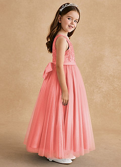 Azazie Cinna Flower Girl Dresses Coral A-Line Lace Tulle Dress image4