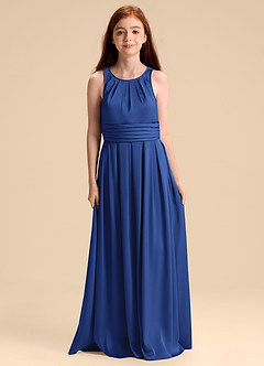 Azazie Bibiane Junior A-Linie Plissee Stretch-Satin Kleid Königsblau image3