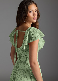 Azazie Bondi Vestidos de damas de honor Vestido de Floral Helecho Verde de Gasa de Corte en A con Volantes image7