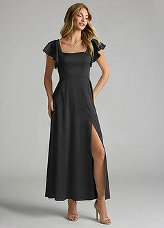 Azazie Bondi 신부 들러리 드레스 A라인 셔링 스트레치 새틴 발목 길이 드레스 image1