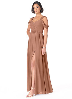 Azazie Lianne Robes de demoiselle d'honneur Robe Trapèze en Mousseline de soie Épaule décolletée Bronze image3