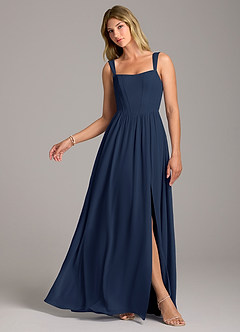 Azazie Rosaline Bridesmaid Dresses Dark Navy A-Line Side Slit Chiffon Dress image1
