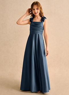 Azazie Rosita Girls Formal Jurken voor bloemenmeisjes A-Lijn Jurk van Mat Satijn Geplooid Neptunus image6