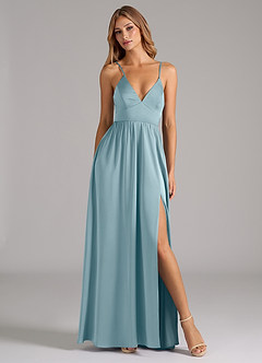 Azazie Aaida Bridesmaid Dresses Moody Blue A-Line Corset Stretch Satin Dress image5