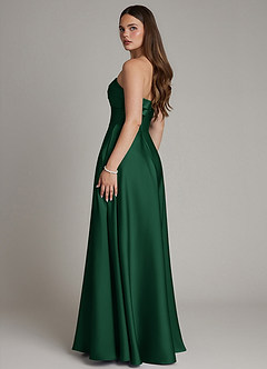 Azazie Meleena At-home Try On Dresses Dark Green A-Line Strapless Stretch Satin Dress image3