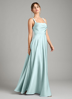 Azazie Shaude Bridesmaid Dresses Sea Glass A-Line Pleated Stretch Satin Dress image7