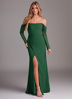 Azazie Hallie Bridesmaid Dresses Dark Green Mermaid Long Sleeve Chiffon Dress image1
