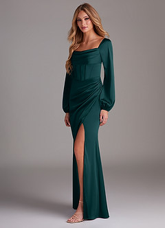 Azazie Charissa Bridesmaid Dresses Pine Sheath Long Sleeve Stretch Satin Dress image5