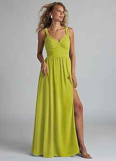 Azazie Aziza At-home Try On Dresses Wisteria A-Line V-Neck Pleated Chiffon Dress image1