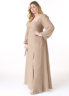 Azazie Leonia Bridesmaid Dresses Taupe A-Line Long Sleeve Chiffon Dress image10